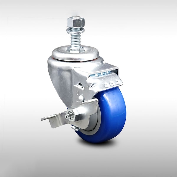 Service Caster 3 Inch SS Blue Polyurethane Wheel Swivel 1/2 Inch Threaded Stem Caster with Brake SCC-SSTS20S314-PPUB-BLUE-TLB-121315 - main